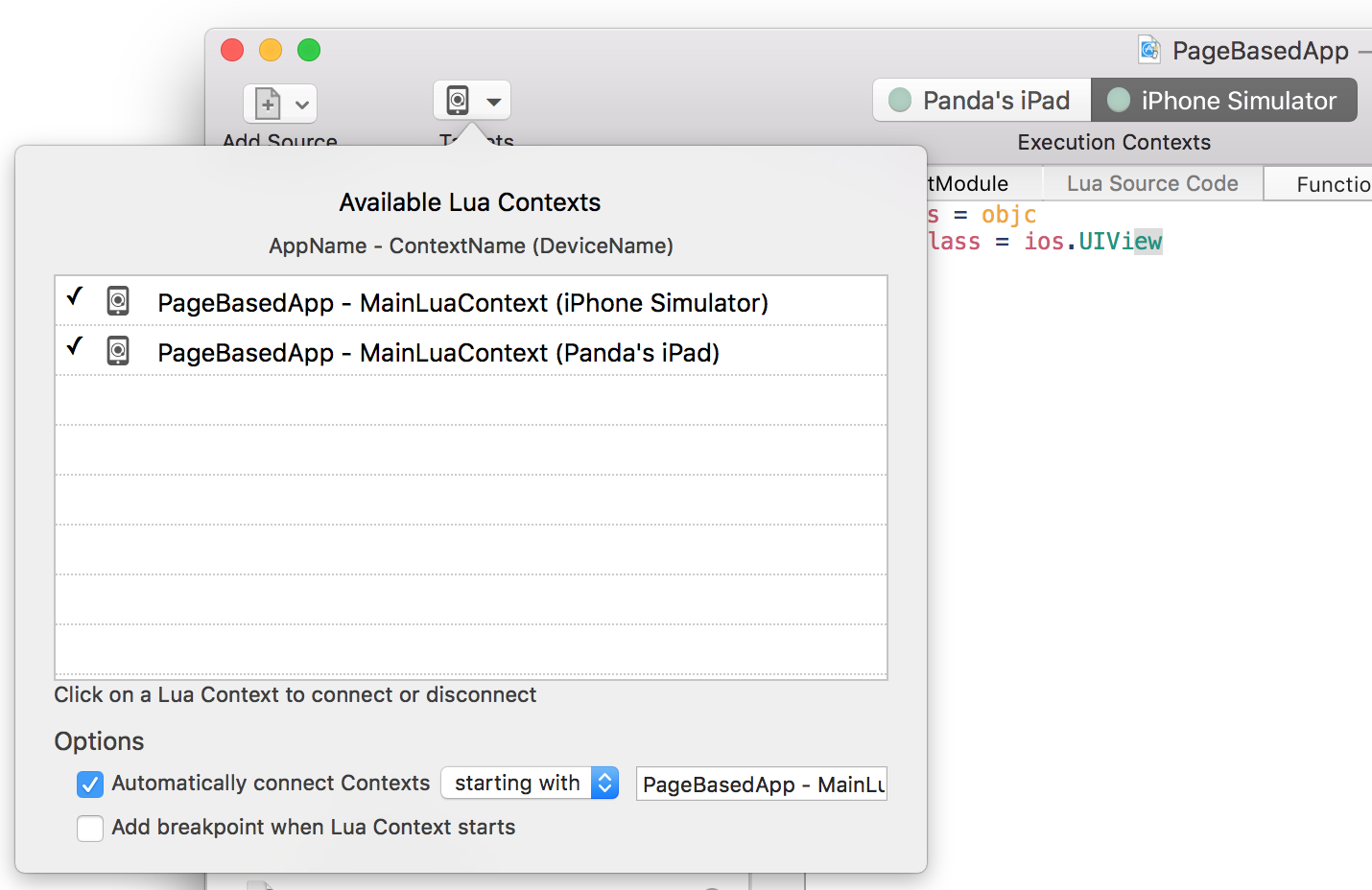 Automatic connection to targets is configured in the Targets popover